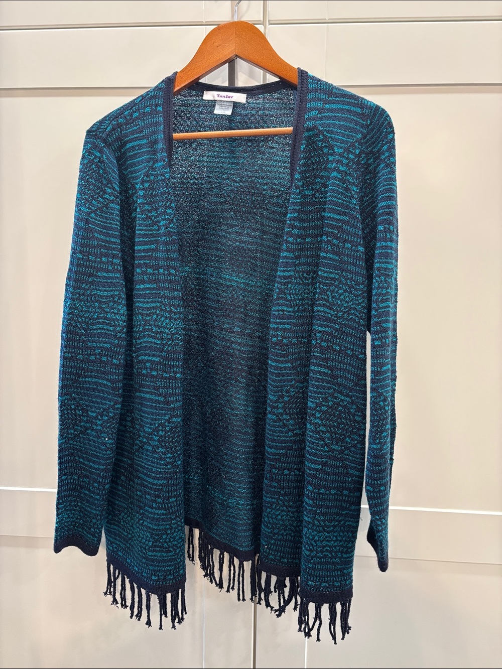Tanjay Open-Front Fringe Cardigan - Teal & Navy